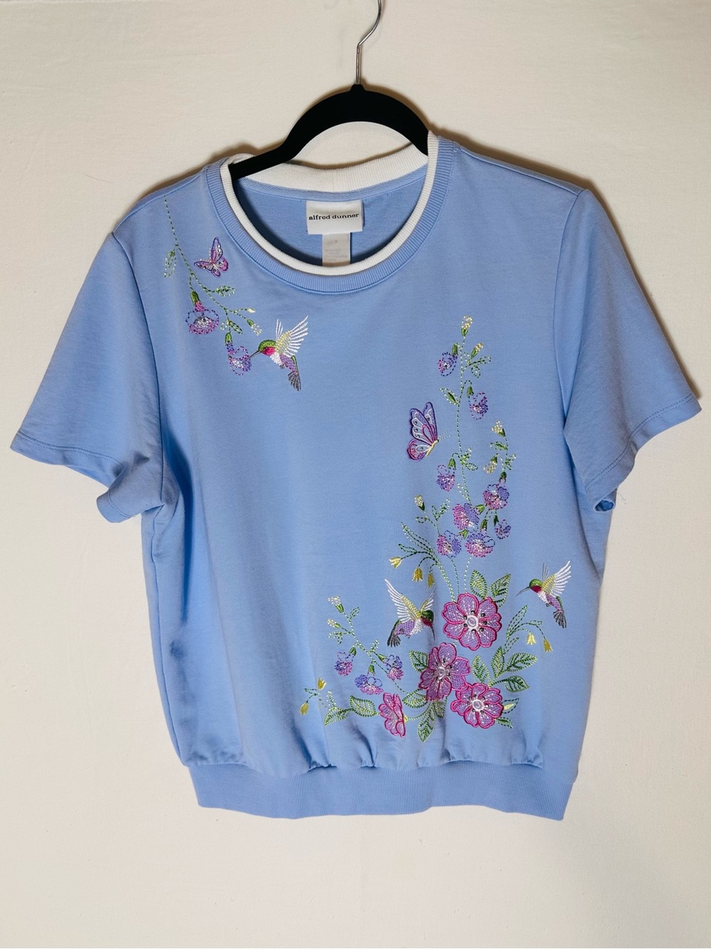 Alfred Dunner Hummingbird Embroidered Short Sleeve Sweatshirt M Cottagecore